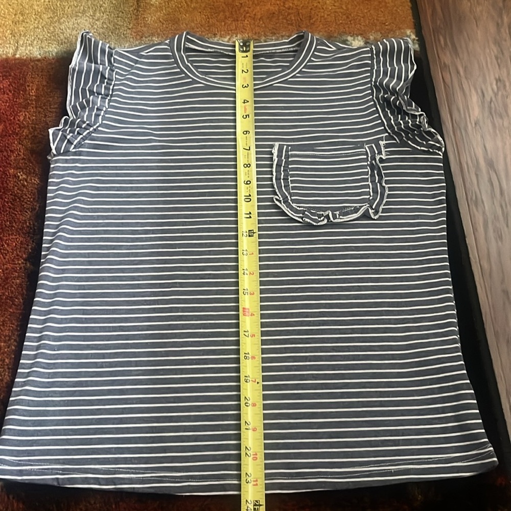 LIKE NEW SHEIN LUNE Striped Print Pocket Patched Ruffle Trim Tee - Sz Medium/6 - Picture 9 of 11